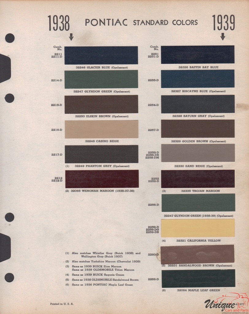 1938 Pontiac Paint Charts Williams 1